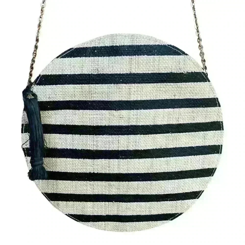 Kayu round straw striped pineapple purse with tassel & chain strap with dust bag - Picture 8 of 11